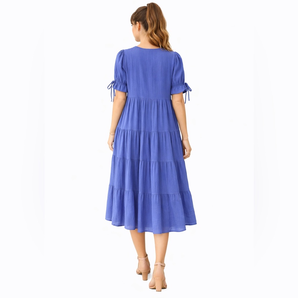 Blue Tiered Midi Dress Boho Cottagecore Button Front Puff Sleeve NWOT Small/Med - Picture 9 of 12